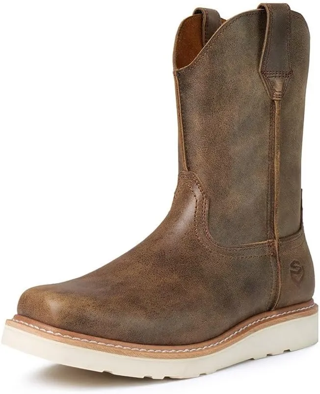 SUREWAY Western Boots - Men’s Square Toe Work Boot,Pull On Leather Wellington Boots,Durable Classic Slip Resistant Soft Toe Cowboy Boot