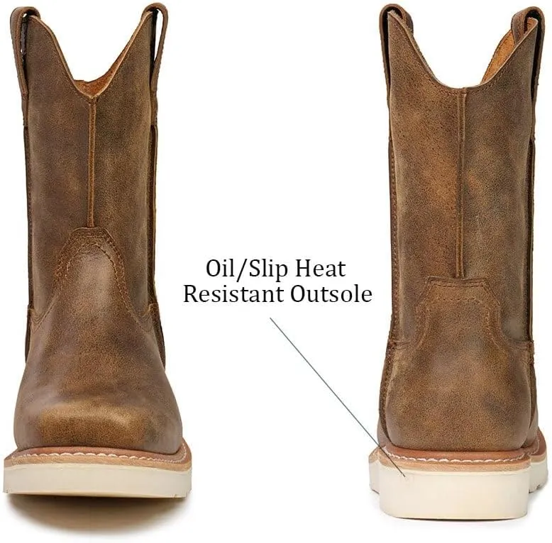 SUREWAY Western Boots - Men’s Square Toe Work Boot,Pull On Leather Wellington Boots,Durable Classic Slip Resistant Soft Toe Cowboy Boot