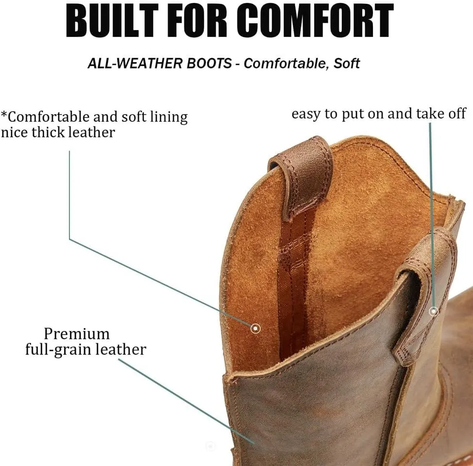 SUREWAY Western Boots - Men’s Square Toe Work Boot,Pull On Leather Wellington Boots,Durable Classic Slip Resistant Soft Toe Cowboy Boot