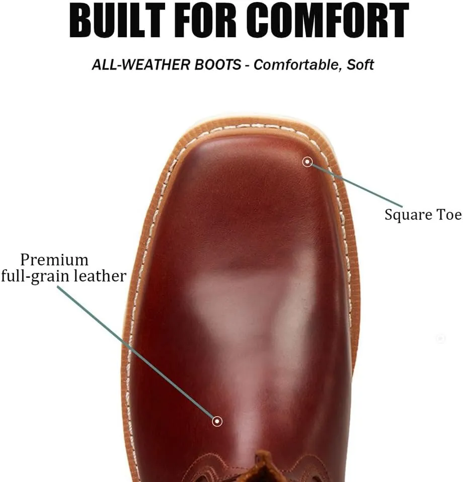 SUREWAY Western Boots - Men’s Square Toe Work Boot,Pull On Leather Wellington Boots,Durable Classic Slip Resistant Soft Toe Cowboy Boot