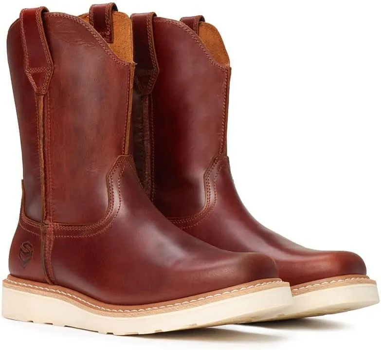 SUREWAY Western Boots - Men’s Square Toe Work Boot,Pull On Leather Wellington Boots,Durable Classic Slip Resistant Soft Toe Cowboy Boot
