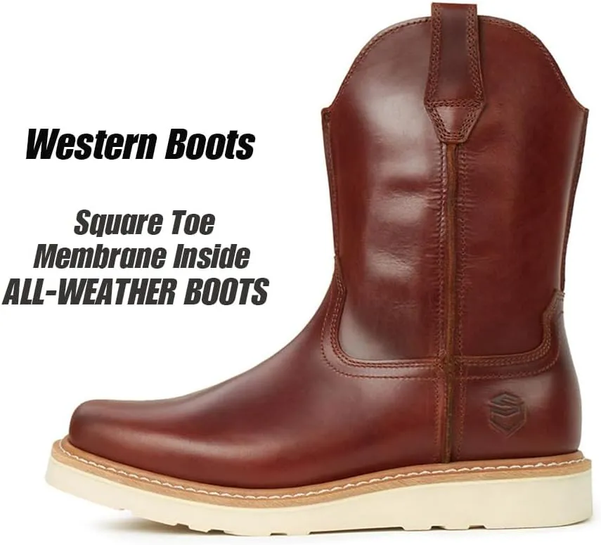 SUREWAY Western Boots - Men’s Square Toe Work Boot,Pull On Leather Wellington Boots,Durable Classic Slip Resistant Soft Toe Cowboy Boot