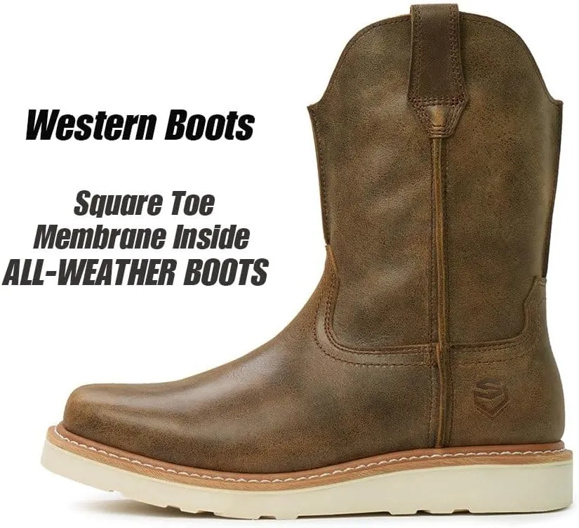 SUREWAY Western Boots - Men’s Square Toe Work Boot,Pull On Leather Wellington Boots,Durable Classic Slip Resistant Soft Toe Cowboy Boot
