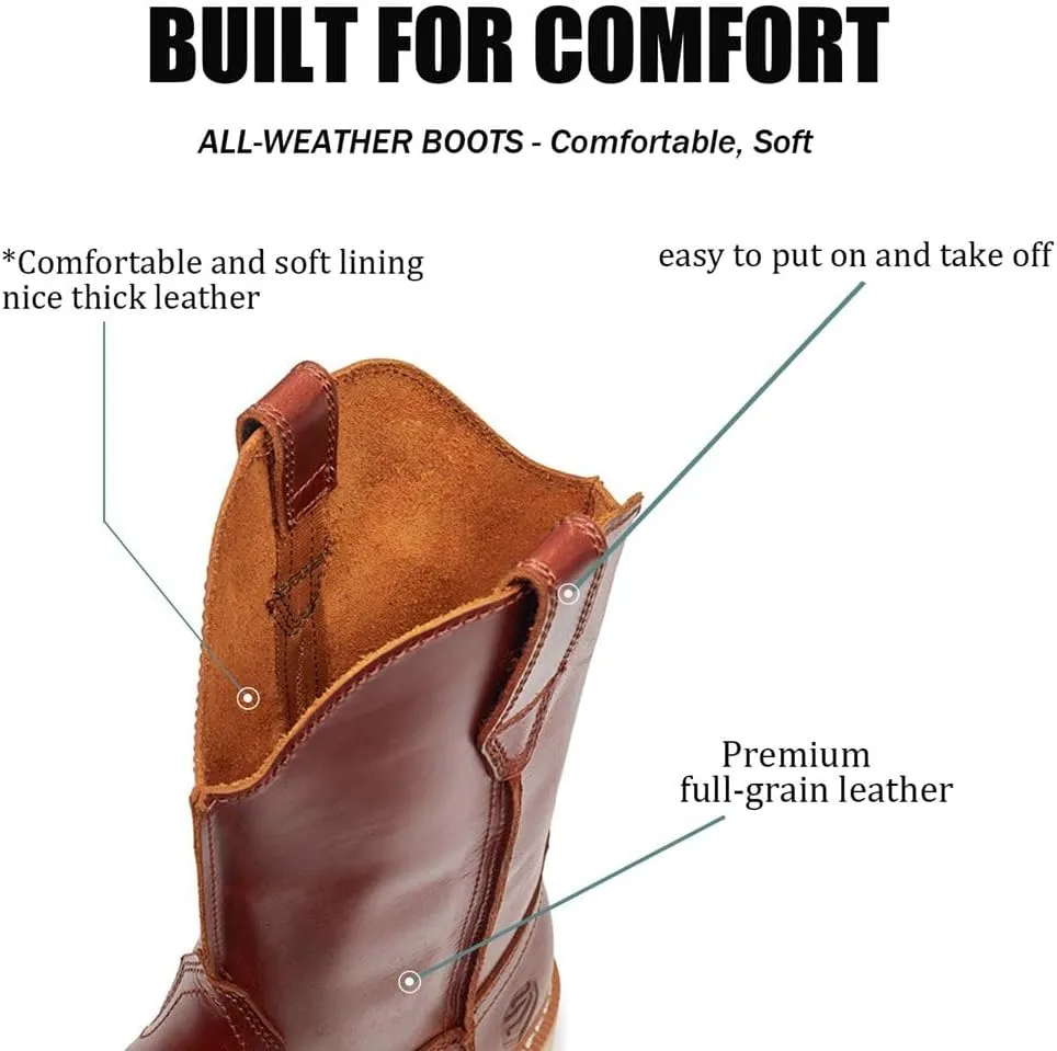 SUREWAY Western Boots - Men’s Square Toe Work Boot,Pull On Leather Wellington Boots,Durable Classic Slip Resistant Soft Toe Cowboy Boot