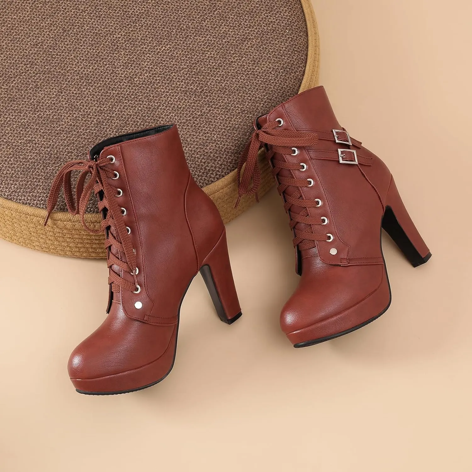 Susanny High Heel Boots for Women,Womens Platform Boot Heels Sexy Round Toe Lace UP High Heels Mid Calf Boots