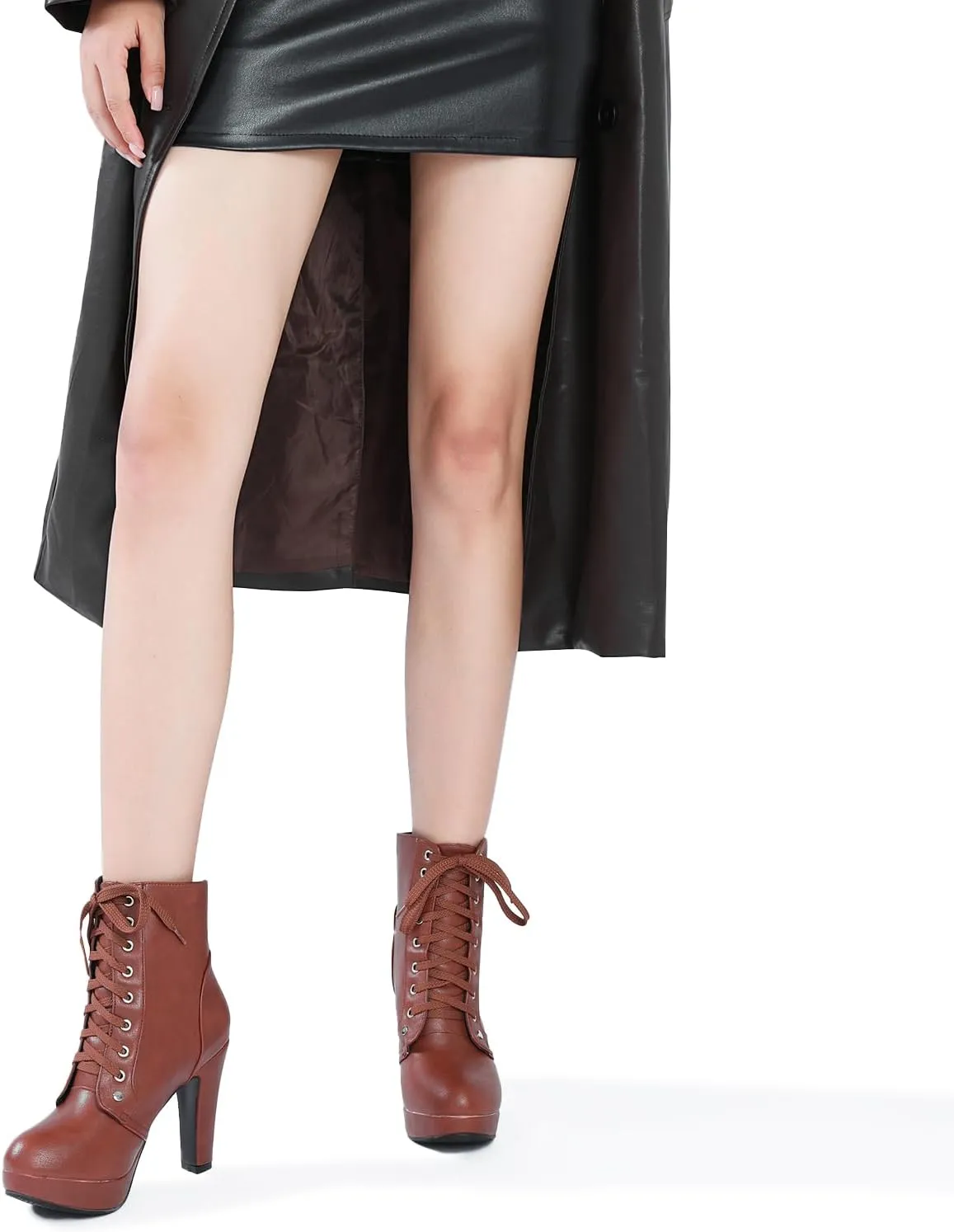 Susanny High Heel Boots for Women,Womens Platform Boot Heels Sexy Round Toe Lace UP High Heels Mid Calf Boots