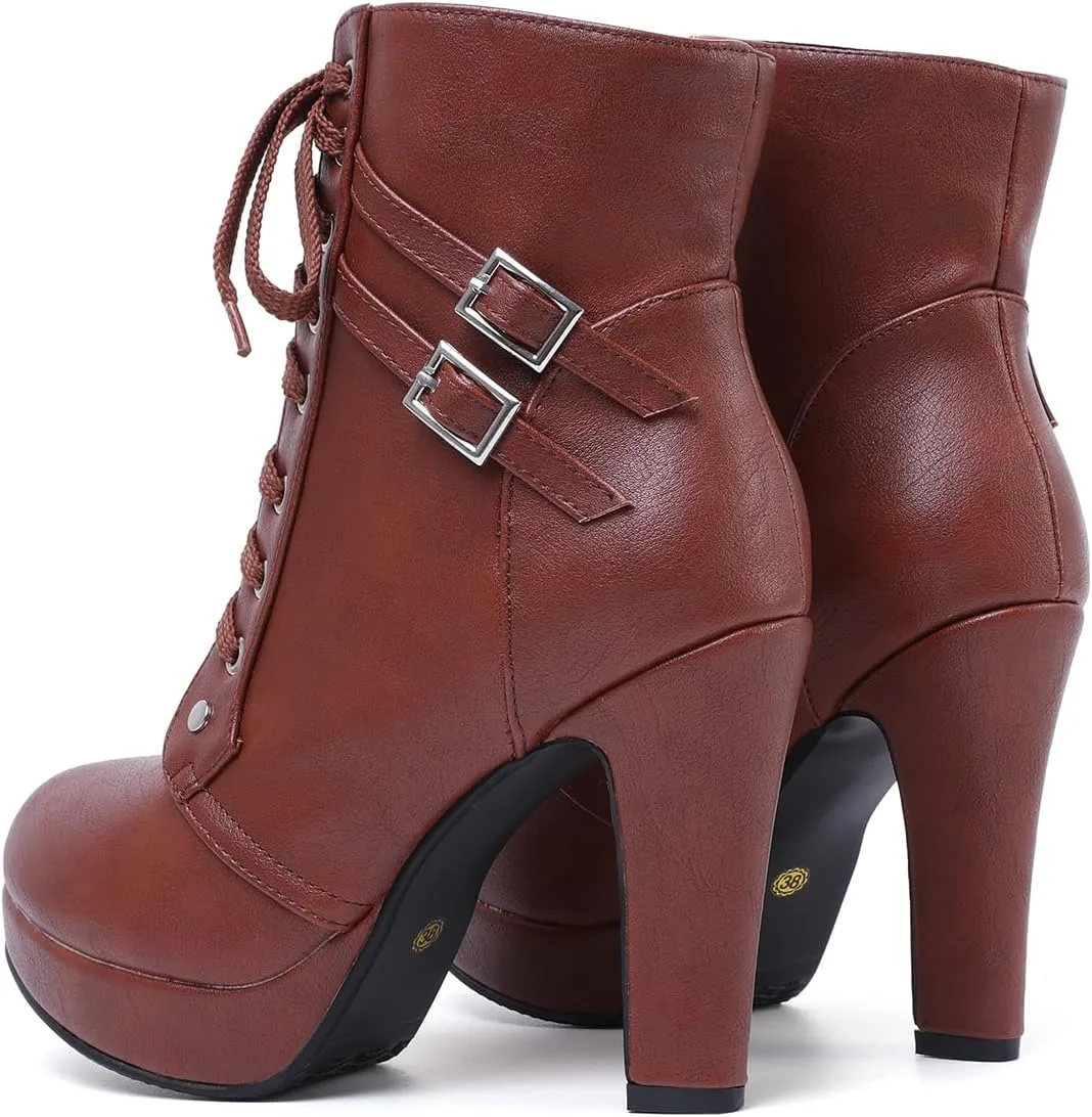Susanny High Heel Boots for Women,Womens Platform Boot Heels Sexy Round Toe Lace UP High Heels Mid Calf Boots