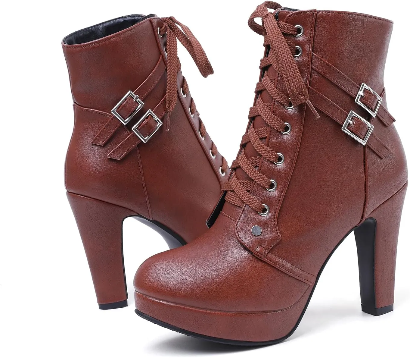 Susanny High Heel Boots for Women,Womens Platform Boot Heels Sexy Round Toe Lace UP High Heels Mid Calf Boots