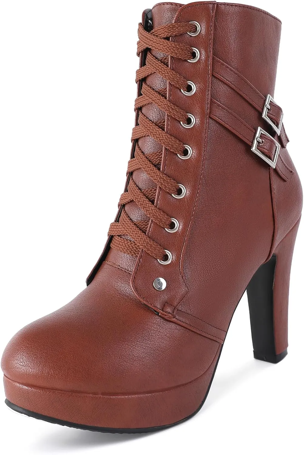Susanny High Heel Boots for Women,Womens Platform Boot Heels Sexy Round Toe Lace UP High Heels Mid Calf Boots