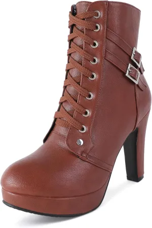 Susanny High Heel Boots for Women,Womens Platform Boot Heels Sexy Round Toe Lace UP High Heels Mid Calf Boots