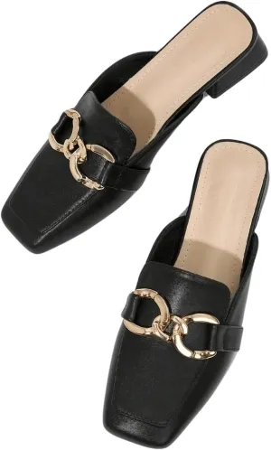 SweatyRocks Women's Metal Decor Square Toe Mule Shoes Elegant Open Back Slip on Loafers