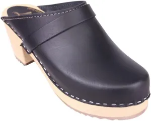 Swedish High Heel Classic Clogs - Black Leather Clogs for Women I Supportive Wooden Clog with 2 3/4 inch Heel & 3/4 inch Platform
