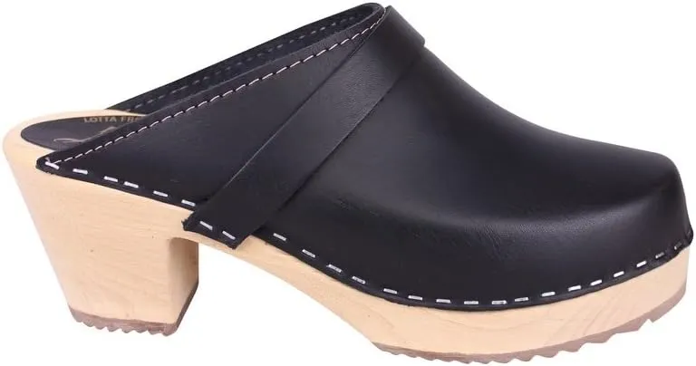 Swedish High Heel Classic Clogs - Black Leather Clogs for Women I Supportive Wooden Clog with 2 3/4 inch Heel & 3/4 inch Platform