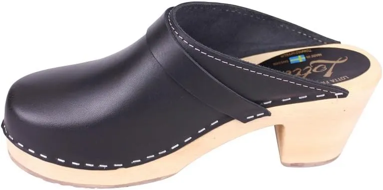 Swedish High Heel Classic Clogs - Black Leather Clogs for Women I Supportive Wooden Clog with 2 3/4 inch Heel & 3/4 inch Platform