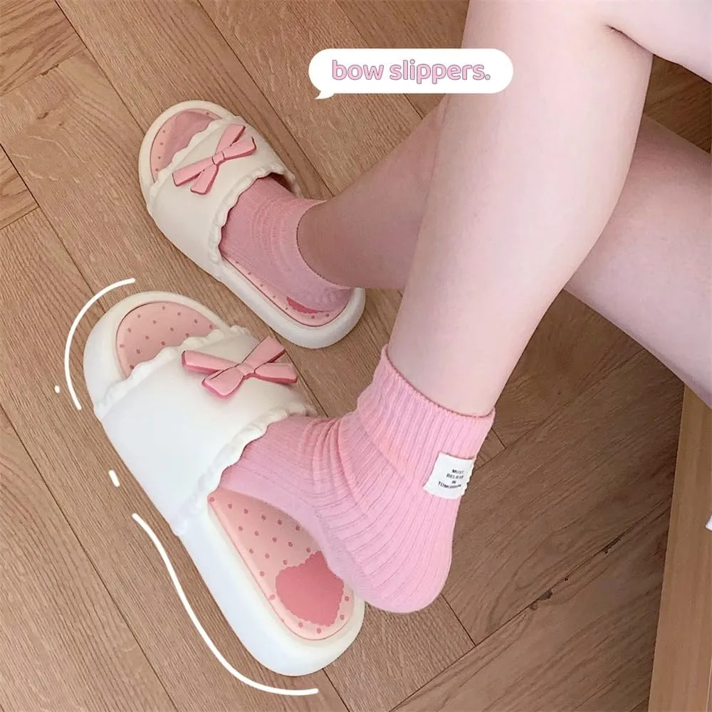 Sweet Kawaii Bowknot Slippers Flip Flops for Women – Thick Sole Non-Slip Summer Indoor Outdoor Cute Korean Style Design