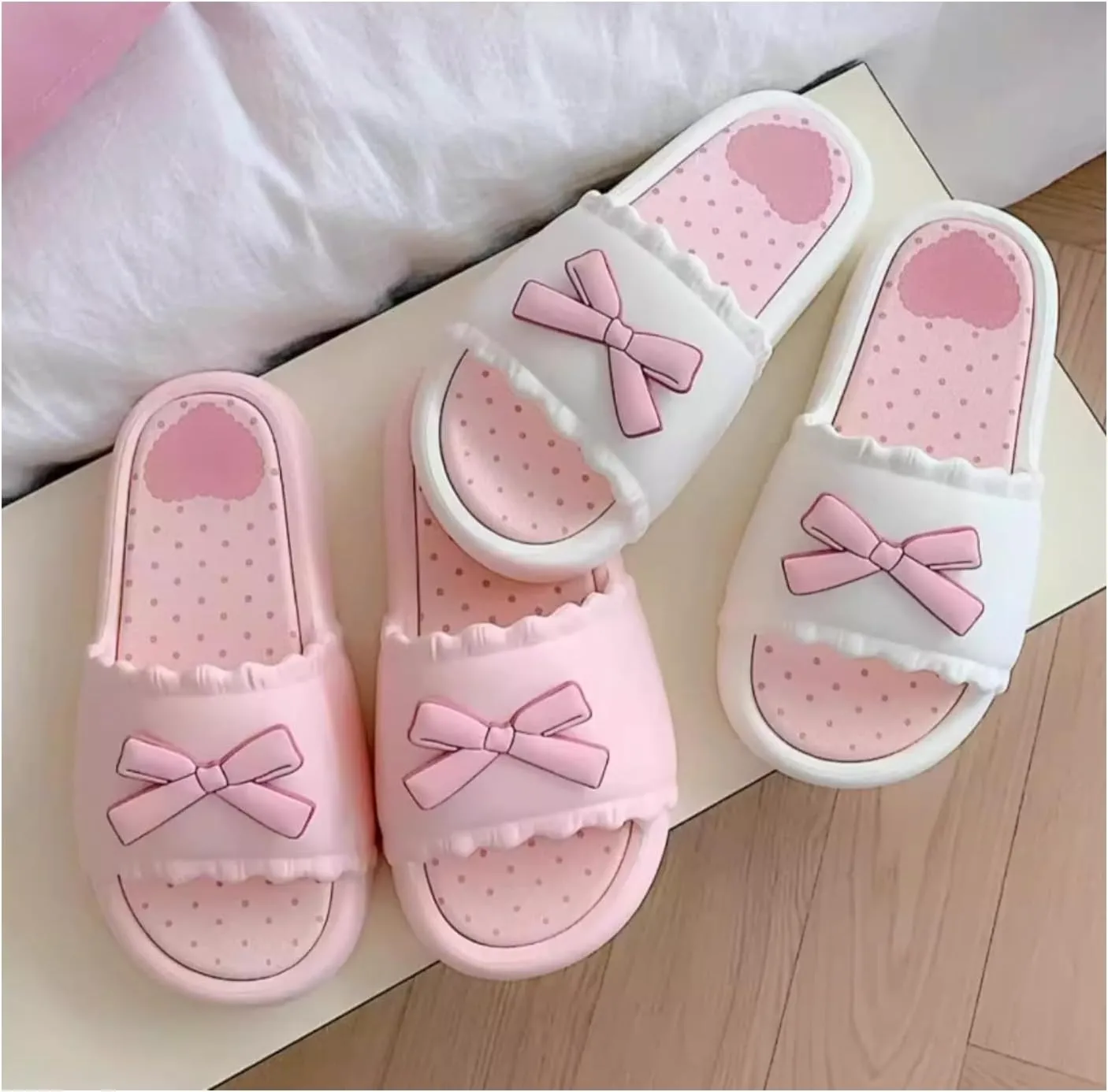Sweet Kawaii Bowknot Slippers Flip Flops for Women – Thick Sole Non-Slip Summer Indoor Outdoor Cute Korean Style Design