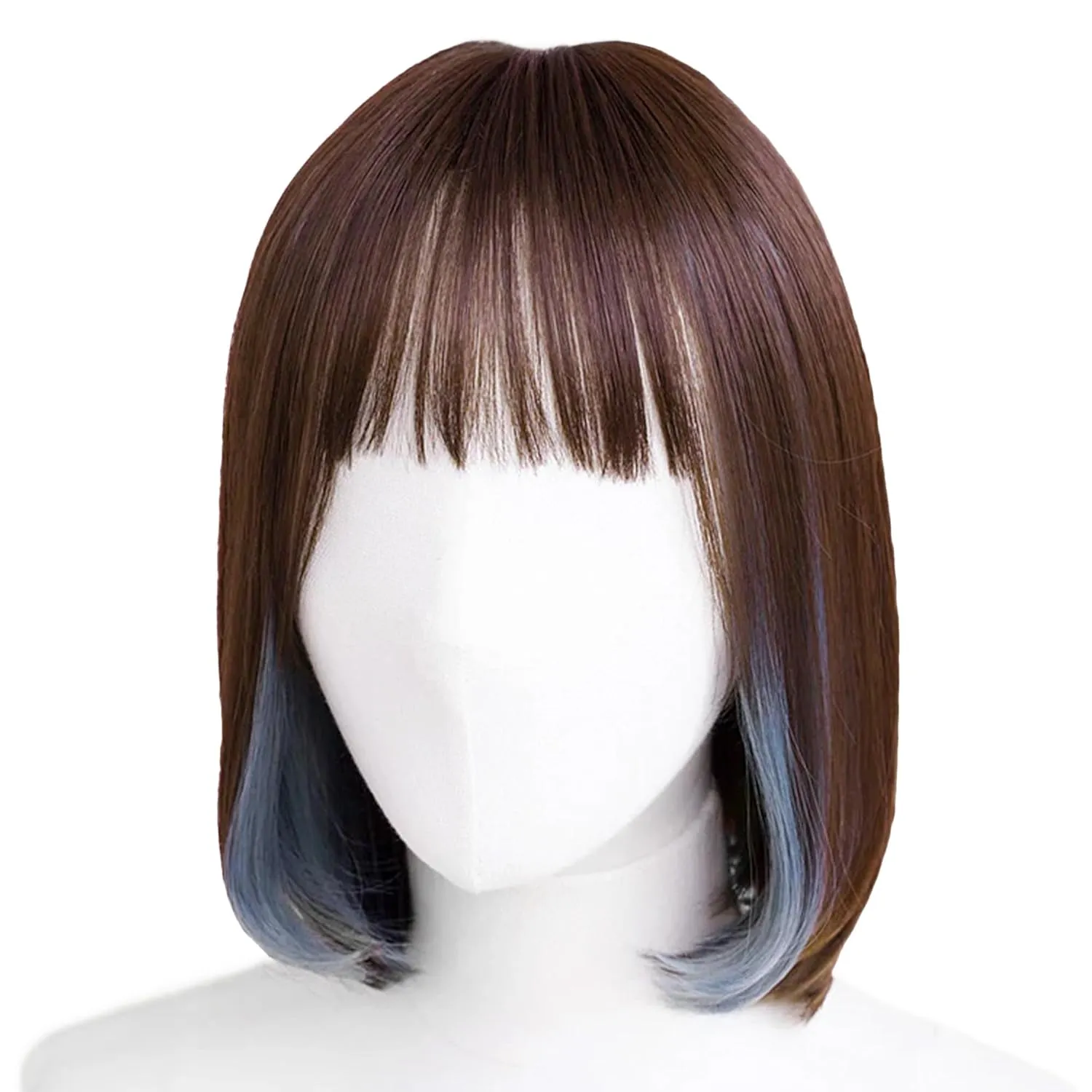 Synthetic Hair Inner Color Casual Bob Wig - Glueless, Heat-Resistant, Natural Crown & Comfortable Stretch Cap (Chocolate Brown & Misty Blue, M)