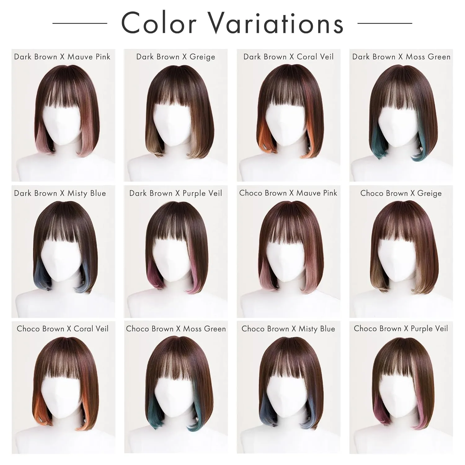 Synthetic Hair Inner Color Casual Bob Wig - Glueless, Heat-Resistant, Natural Crown & Comfortable Stretch Cap (Chocolate Brown & Misty Blue, M)