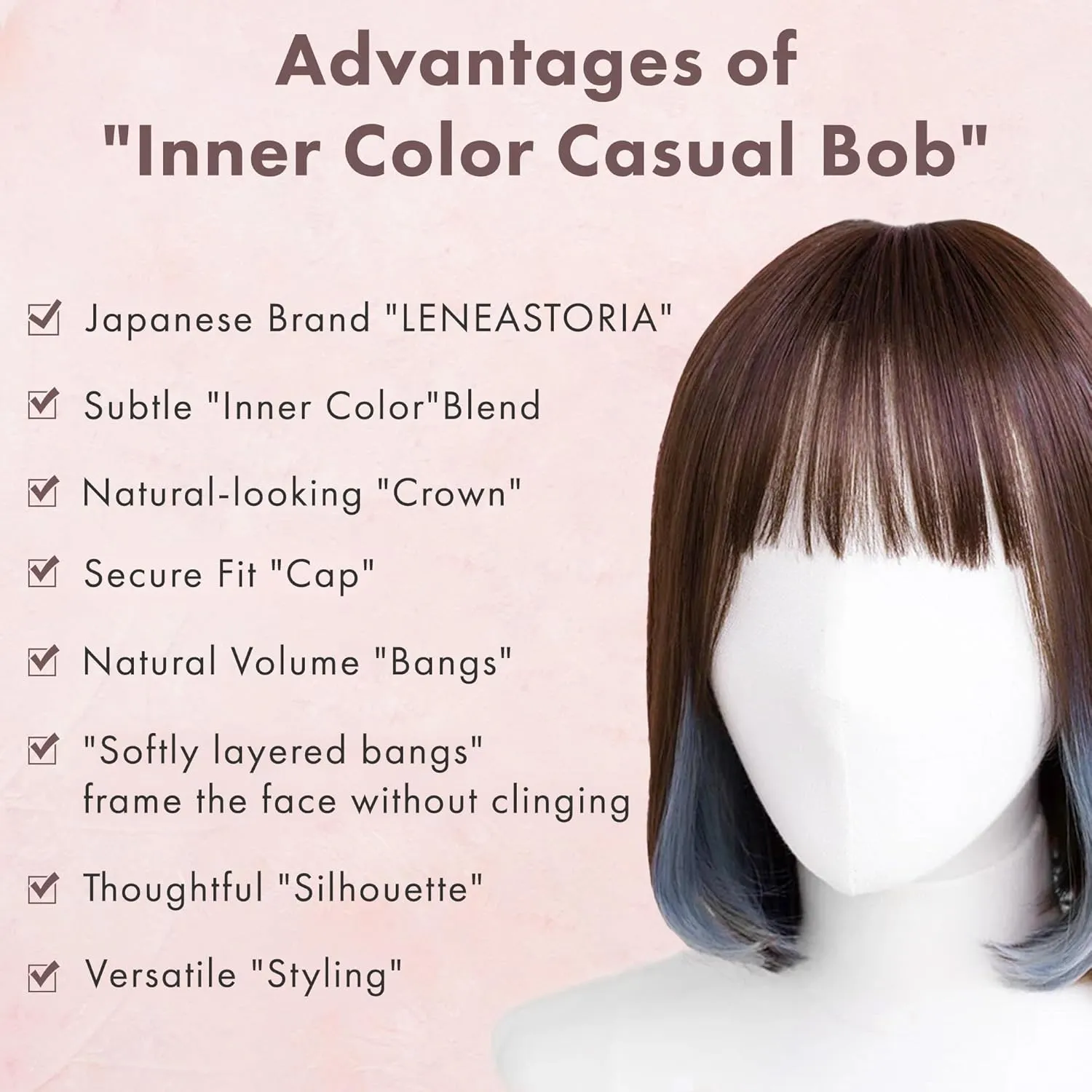 Synthetic Hair Inner Color Casual Bob Wig - Glueless, Heat-Resistant, Natural Crown & Comfortable Stretch Cap (Chocolate Brown & Misty Blue, M)