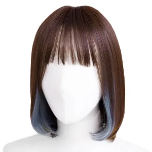 Synthetic Hair Inner Color Casual Bob Wig - Glueless, Heat-Resistant, Natural Crown & Comfortable Stretch Cap (Chocolate Brown & Misty Blue, M)
