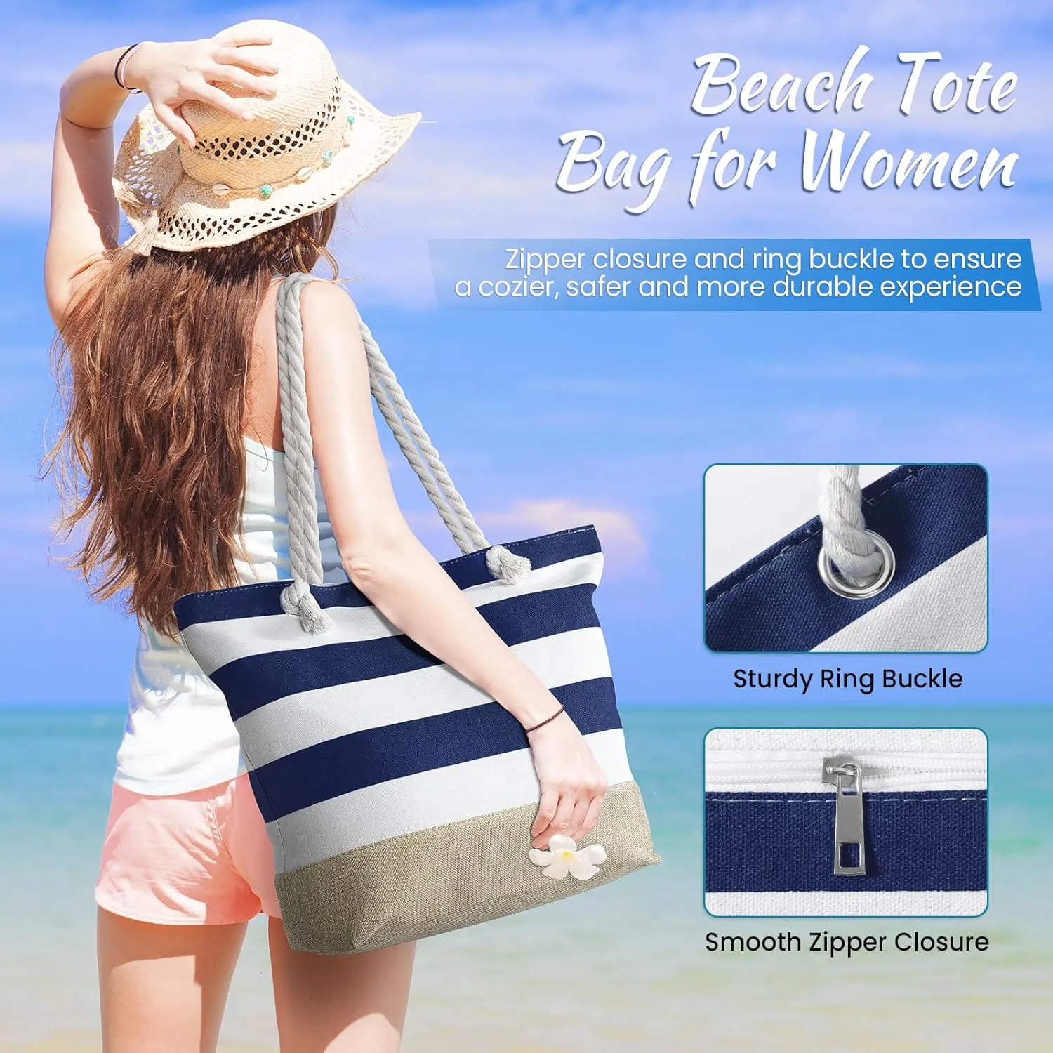 Tavaleu Beach Bags for Women, Large Beach Tote Bag Waterproof Sandproof, Swim Pool Bag with Zipper