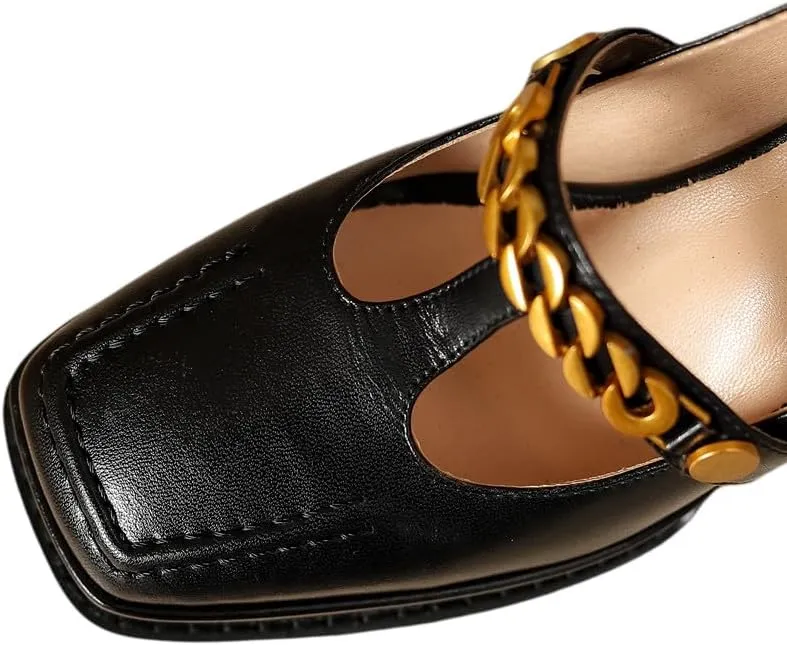 TinaCus Genuine Leather Square Toe Handmade T-Strap Chain High Block Heels Women's Stylish Pumps Shoes