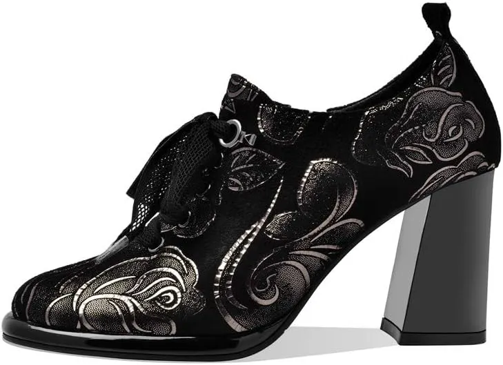 TinaCus Women's Handmade Printed Suede Leather Platform Round Toe Lace Up Side Zip High Chunky Heel Pumps