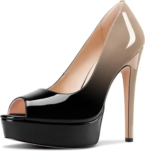 TNYNFBEB Peep Open Toe Stiletto High Platform Heel Pumps Slip-on Prom Party Dress Patent Leather 5.3 Inches Heels