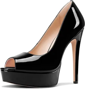 TNYNFBEB Peep Open Toe Stiletto High Platform Heel Pumps Slip-on Prom Party Dress Patent Leather 5.3 Inches Heels