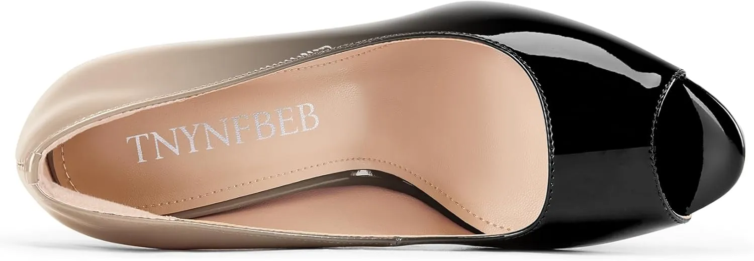 TNYNFBEB Peep Open Toe Stiletto High Platform Heel Pumps Slip-on Prom Party Dress Patent Leather 5.3 Inches Heels