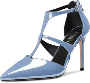 TNYNFBEB Women Stiletto High Heel Close Pointed Toe Pumps T-Strap Zipper Party Office Basic Classic 3.9 Inches Heels
