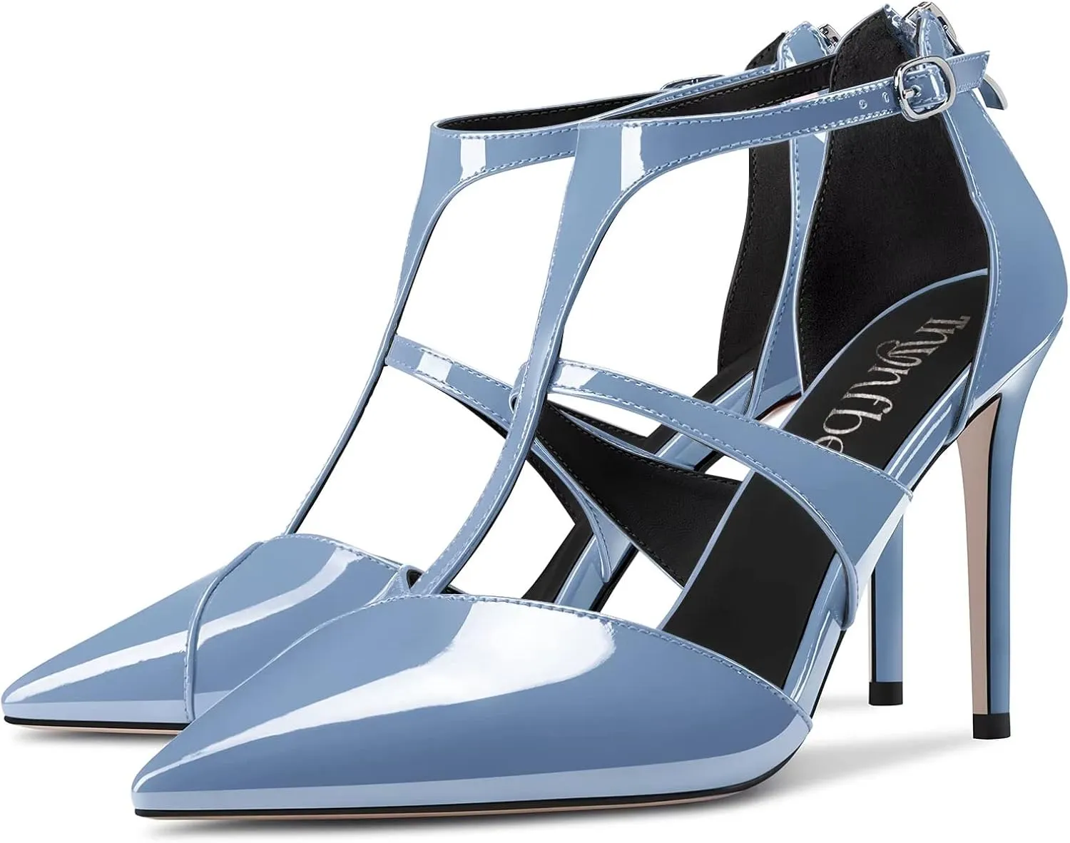 TNYNFBEB Women Stiletto High Heel Close Pointed Toe Pumps T-Strap Zipper Party Office Basic Classic 3.9 Inches Heels