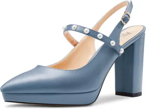 TNYNFBEB Womens Chunky Block High Heel Close Pointed Toe Pumps Ankle Strap Buckle Pearls Party Cute 3.9 Inches Heels