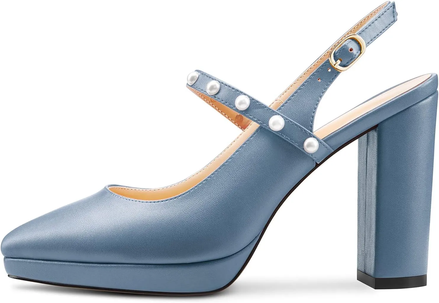 TNYNFBEB Womens Chunky Block High Heel Close Pointed Toe Pumps Ankle Strap Buckle Pearls Party Cute 3.9 Inches Heels