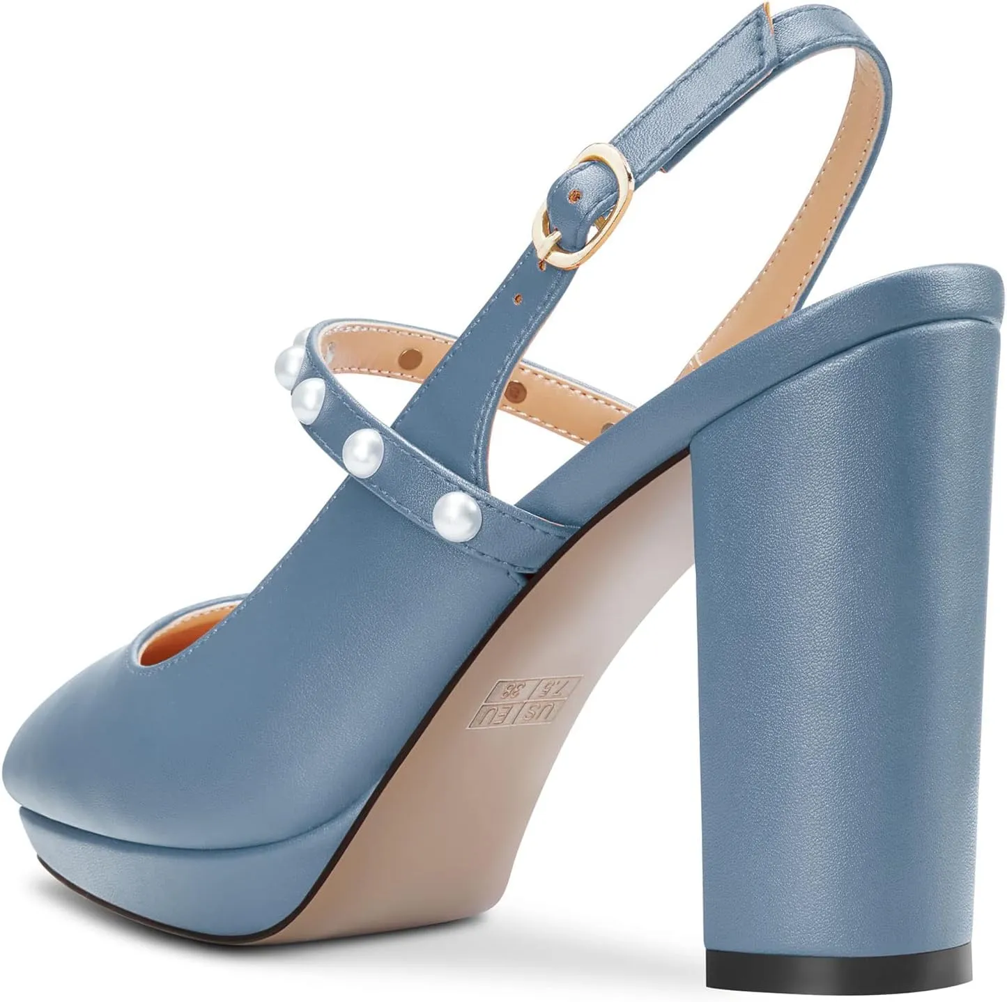 TNYNFBEB Womens Chunky Block High Heel Close Pointed Toe Pumps Ankle Strap Buckle Pearls Party Cute 3.9 Inches Heels