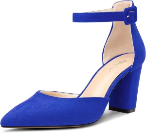 TNYNFBEB Womens Chunky Block Mid Heel Pointed Toe Pumps Ankle Strap Two-Piece Buckle Prom Wedding Dress 3.2 Inches Heels
