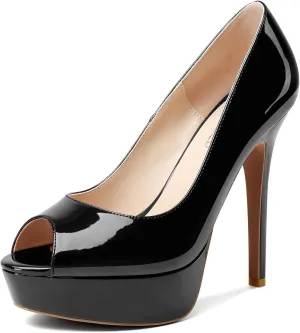 TNYNFBEB Womens Stiletto High Platform Heel Peep Open Toe Pumps Slip-on Prom Wedding Dress Patent Leather 4.7 Inches Heels