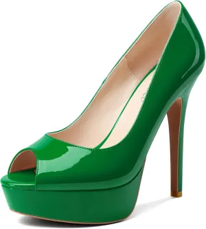 TNYNFBEB Womens Stiletto High Platform Heel Peep Open Toe Pumps Slip-on Prom Wedding Dress Patent Leather 4.7 Inches Heels
