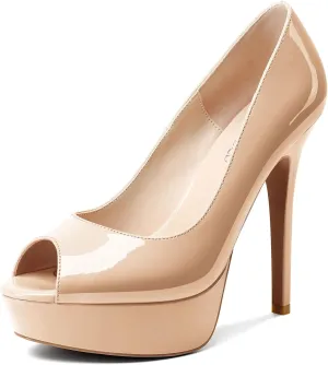 TNYNFBEB Womens Stiletto High Platform Heel Peep Open Toe Pumps Slip-on Prom Wedding Dress Patent Leather 4.7 Inches Heels