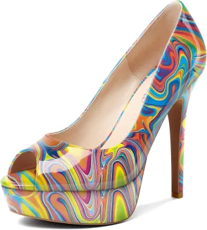 TNYNFBEB Womens Stiletto High Platform Heel Peep Open Toe Pumps Slip-on Prom Wedding Dress Patent Leather 4.7 Inches Heels