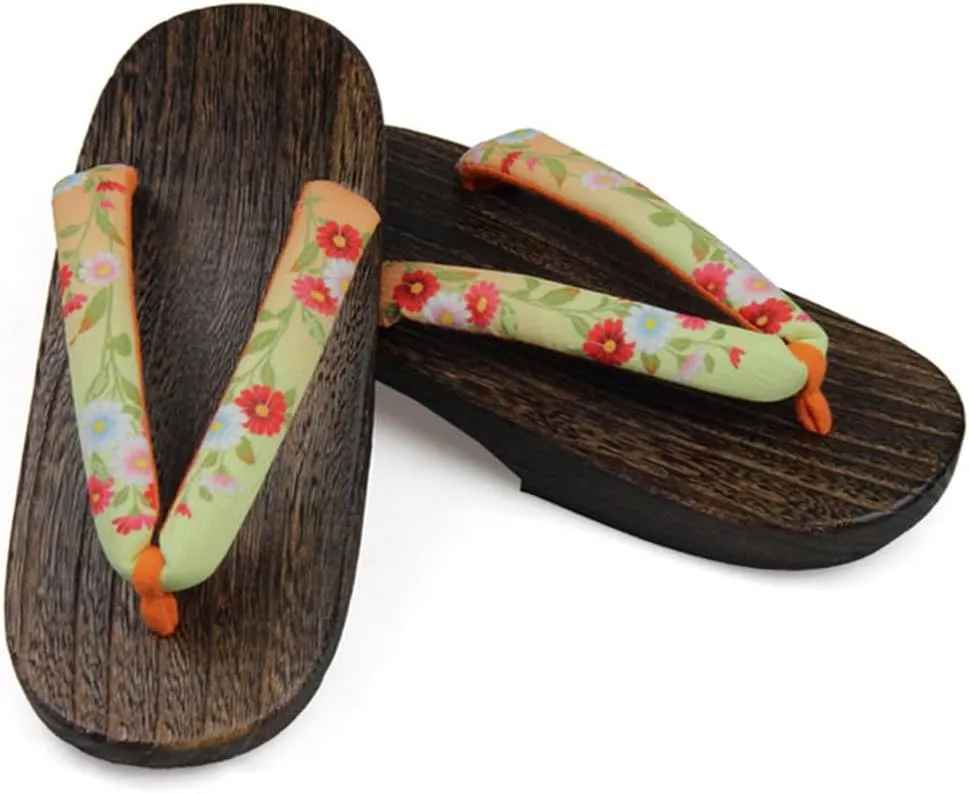 Traditional Clogs Geta Wooden Slippers Women's Japanese Sandals, Breathable Daily Sandals and Slippers Flat-heeled Clogs with Flower Art Matching Halloween Costumes