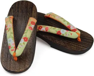 Traditional Clogs Geta Wooden Slippers Women's Japanese Sandals, Breathable Daily Sandals and Slippers Flat-heeled Clogs with Flower Art Matching Halloween Costumes