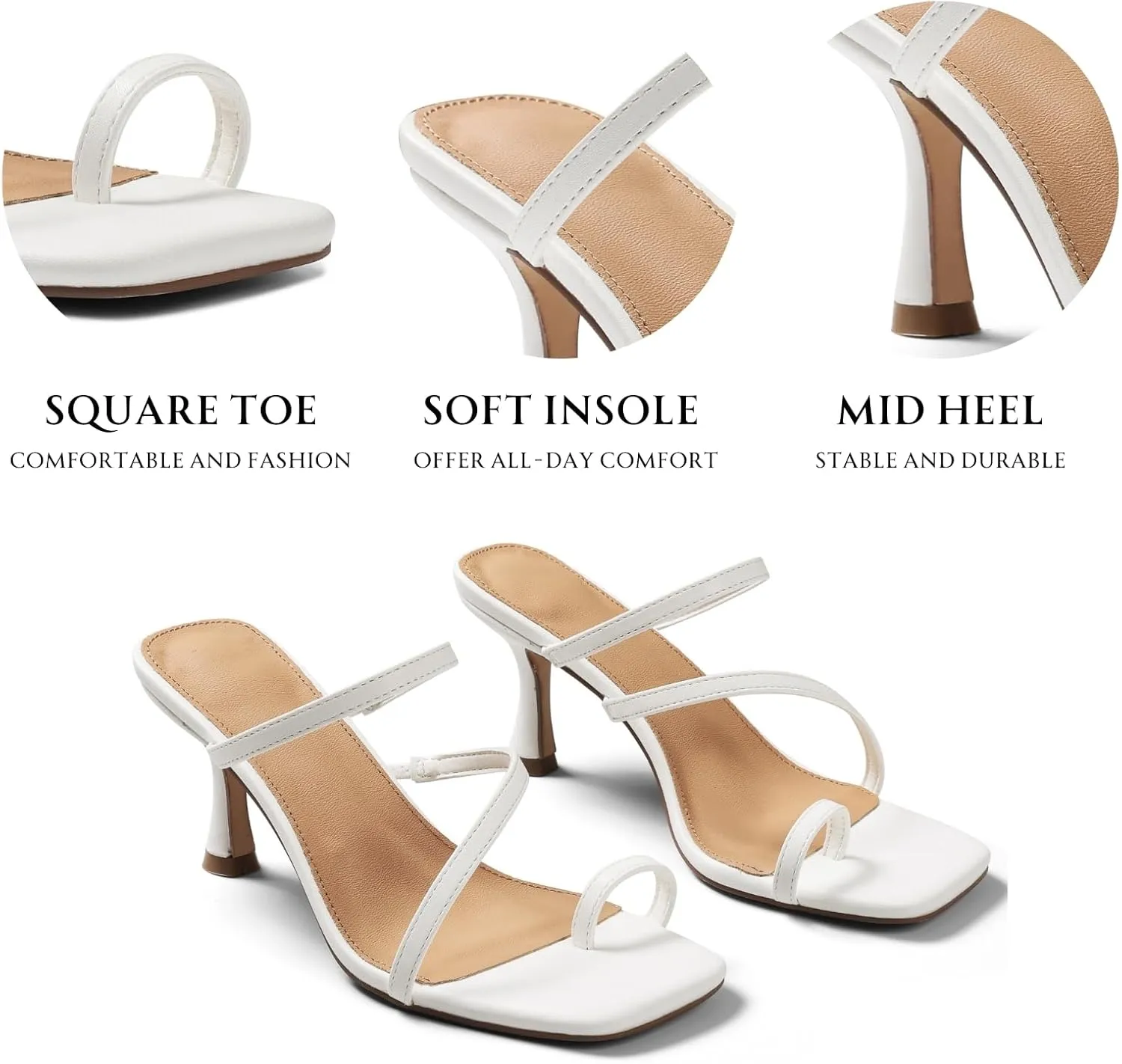 Uacllcau Strappy Kitten Heels For Women Square Open Toe Low Heels Stiletto Heeled Sandals Sexy Fashion Party Dress Slip On Slides Womens Heels