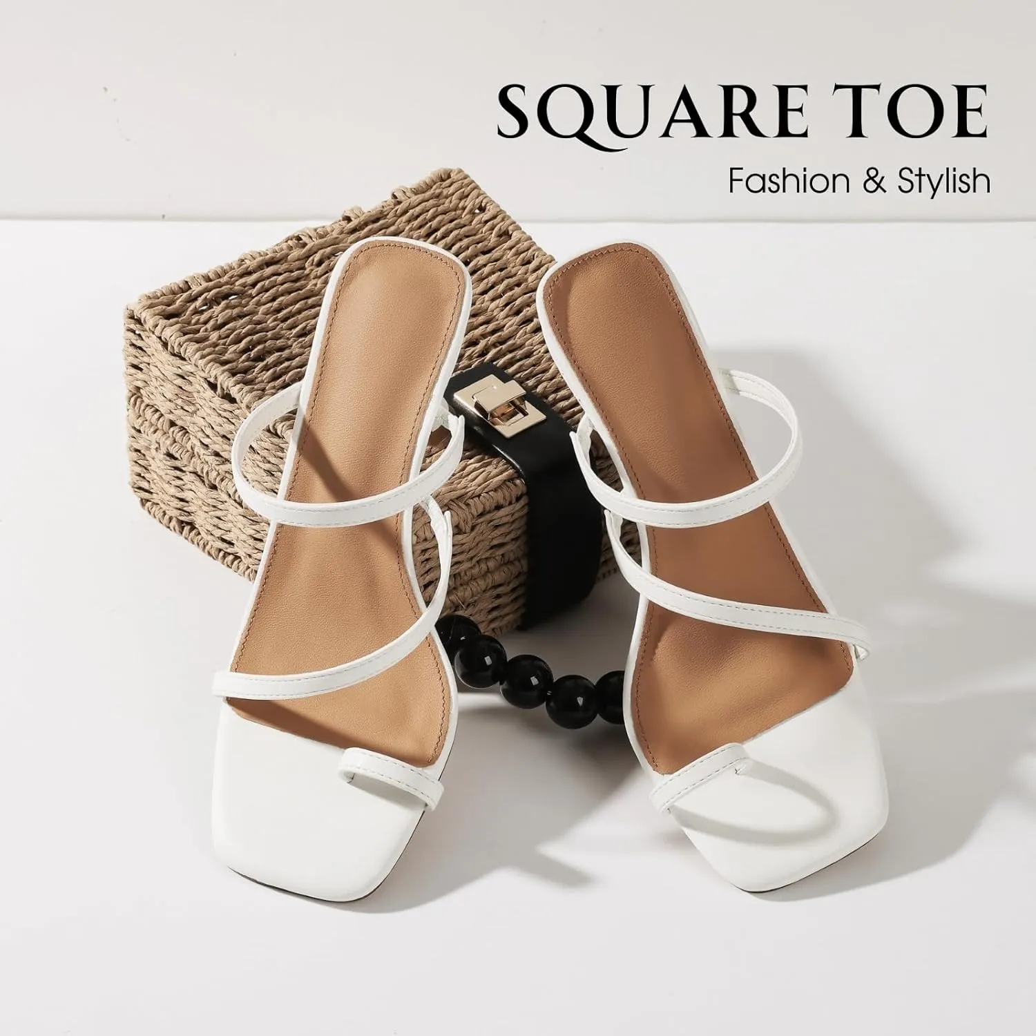 Uacllcau Strappy Kitten Heels For Women Square Open Toe Low Heels Stiletto Heeled Sandals Sexy Fashion Party Dress Slip On Slides Womens Heels