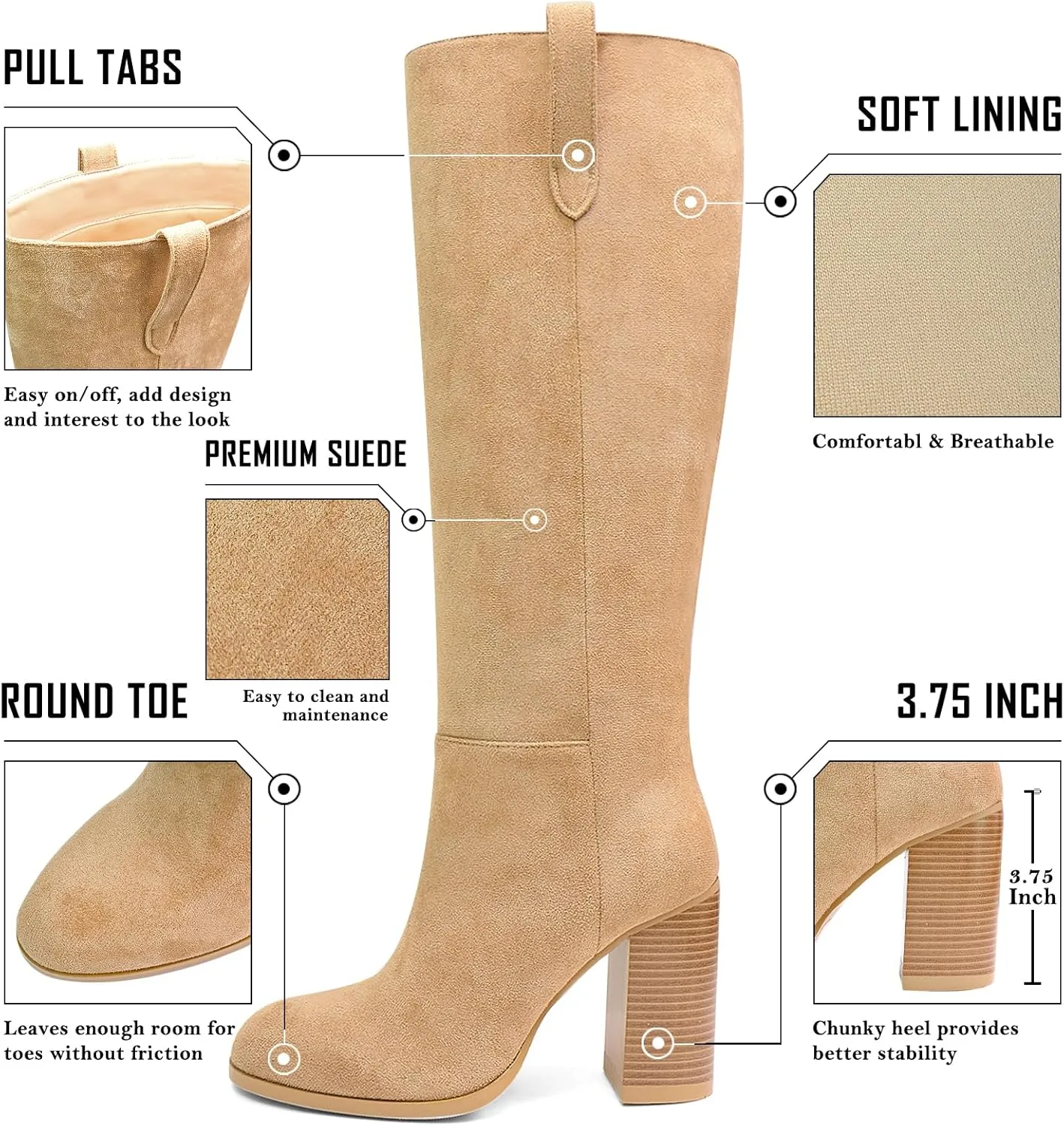 UBWDU Suede Knee High Boots for Women Round Toe Block Chunky Heels Thigh High Boots