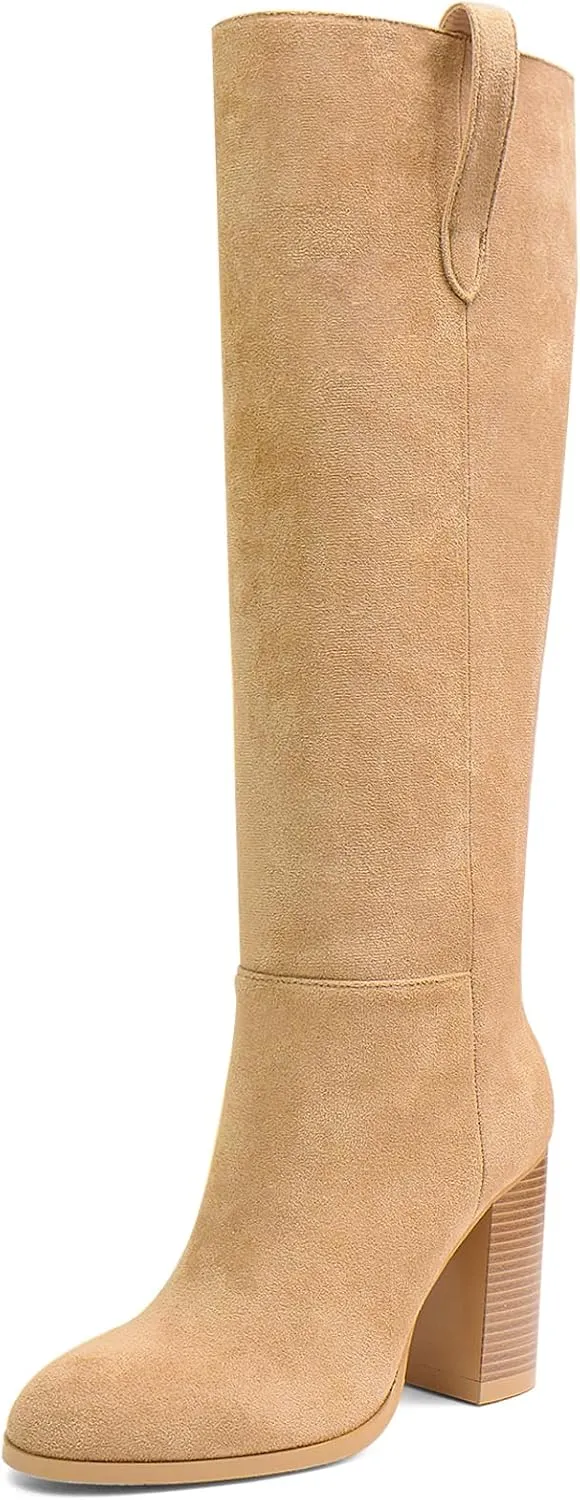 UBWDU Suede Knee High Boots for Women Round Toe Block Chunky Heels Thigh High Boots