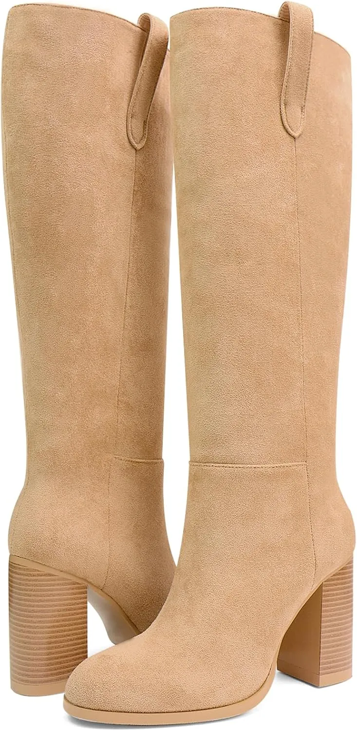 UBWDU Suede Knee High Boots for Women Round Toe Block Chunky Heels Thigh High Boots