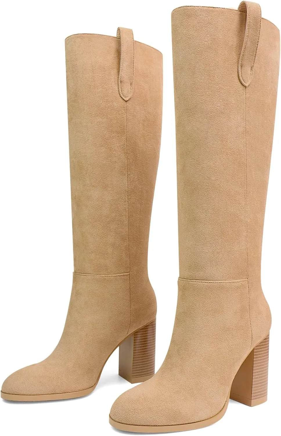 UBWDU Suede Knee High Boots for Women Round Toe Block Chunky Heels Thigh High Boots