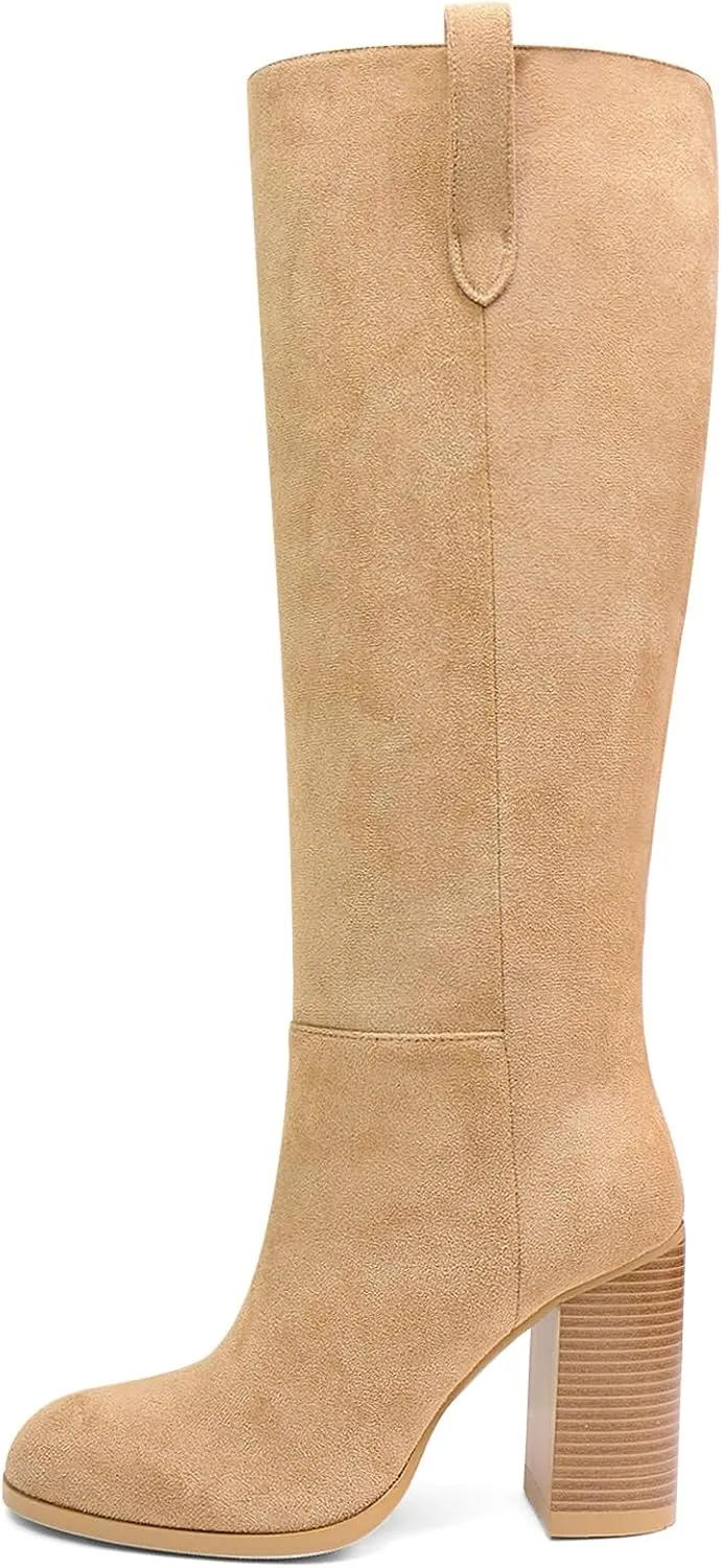UBWDU Suede Knee High Boots for Women Round Toe Block Chunky Heels Thigh High Boots