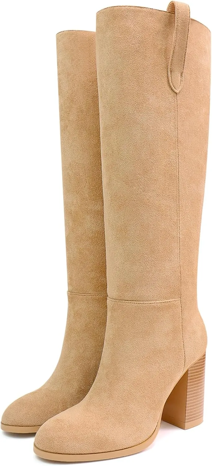 UBWDU Suede Knee High Boots for Women Round Toe Block Chunky Heels Thigh High Boots